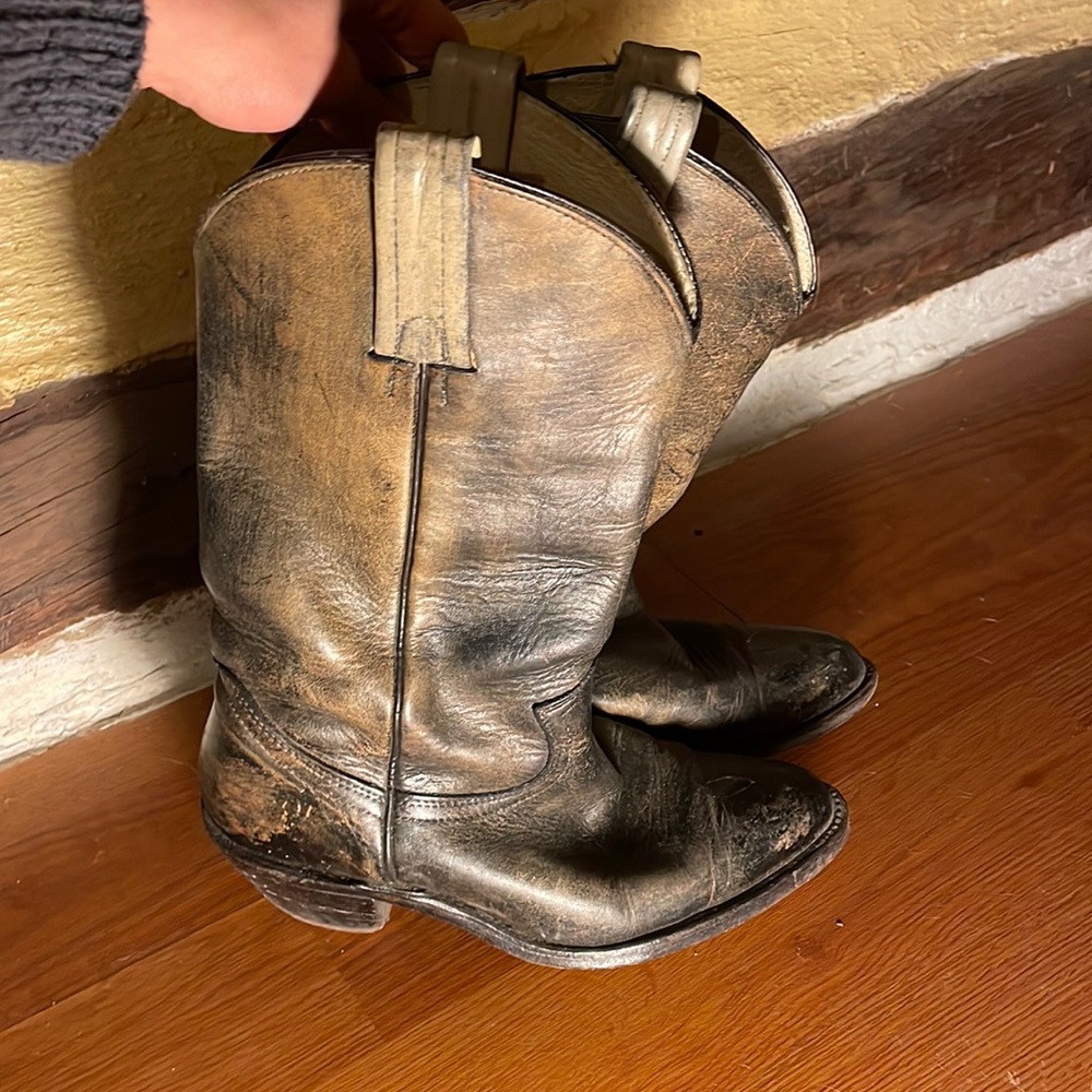 Vintage Frye Genuine Leather Cowboy Western Boots 8M 9.5W weathered brown black
